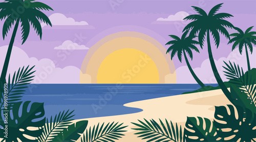 Tropical beach sunrise illustration with palm trees, ocean, and purple sky