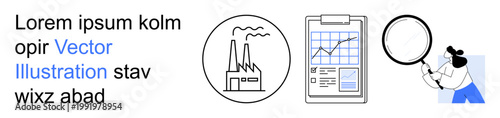Industrial processes, economic analysis, business research, data trends, productivity, strategic planning. Factory emitting smoke, a clipboard with a graph, and a person with a magnifying glass