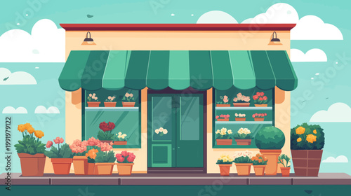 A charming flower shop with an awning, glass doors, and vibrant potted flowers. Blue sky with clouds