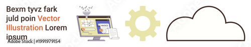 Technology development, cloud computing, data management, workflow optimization, software integration, IT services. Computer with icons, gear and cloud. Cloud computing and data management concept