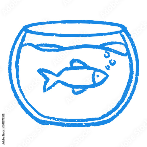 Fishbowl crayon wax doodle style, rough textured hand drawn, aquarium glass, goldfish pet, water bubbles, swimming fish, bowl habitat, aquatic life, home pet care