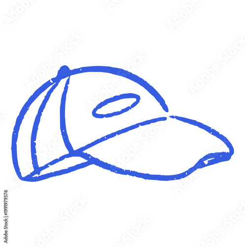 Baseball cap crayon wax doodle style, rough textured hand drawn, hat headwear, clothing, apparel fashion, sport accessory, sun visor blue streetwear uniform garment