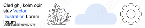 Sustainability, data storage, environmental concepts, technology, innovation, growth. Flower plants, cloud and gear symbols in flat style. Sustainability and data storage