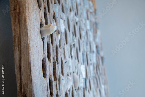 Quadro su tela Macro shot of a weathered wooden board with inlaid white stones or shells