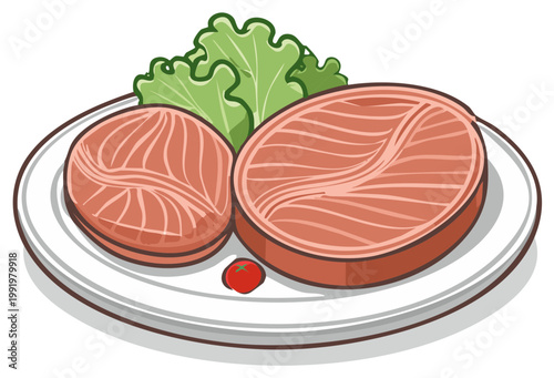 Two Slices of Cooked Meat on Plate with Lettuce and Tomato, Culinary Illustration