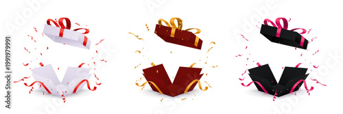 Gift boxes opening with ribbons and confetti in mid air isolated on a clean white studio background representing celebration events and festive occasions