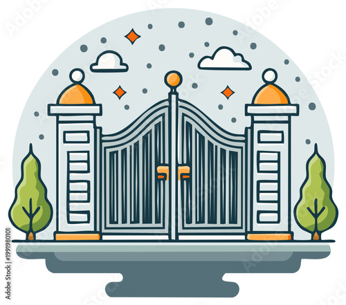 Ornate Entrance Gate with Pillars and Trees