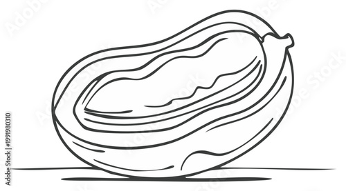 Black and white line drawing of a fresh mango fruit cut in half showing the juicy pulp