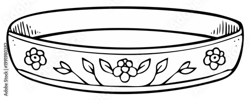 Hand-drawn floral patterned bowl, simple sketch of a decorative dish with flowers and leaves