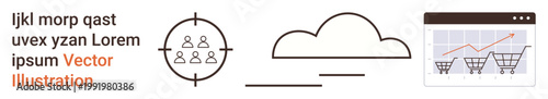 Team targeting, cloud storage, e-commerce, online shopping, growth tracking, data insights. ion includes human target symbol, cloud illustration shopping cart analytics. Targeting and cloud storage
