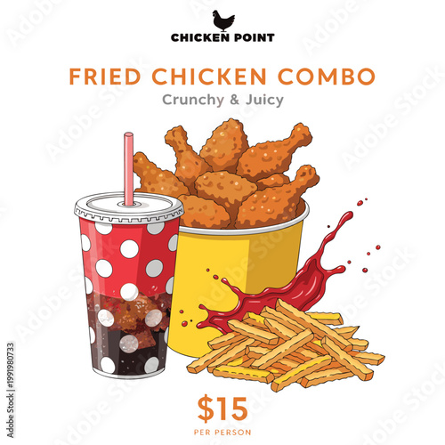 Chicken point fried chicken combo with french fries and soda fast food junk food chicken pieces potato fries sugary drink dinner deal chicken bucket restaurant takeaway appetizer