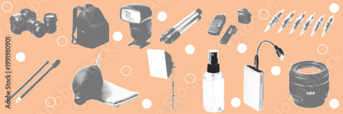 halftone pop art photography equipment set with camera tripod lens lighting and studio accessories collection