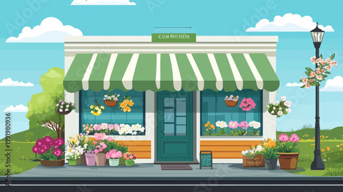 A charming illustration of a flower shop with vibrant blooms, a striped awning, and a sunny street