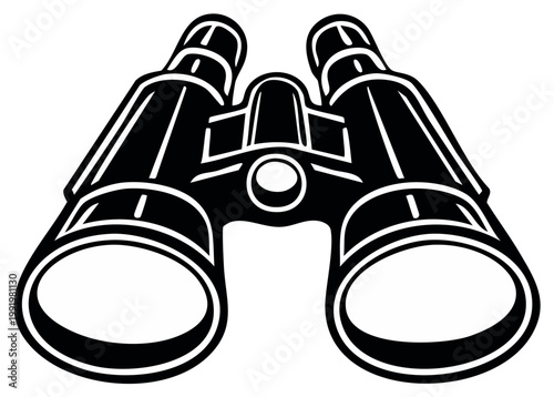 Detailed black and white drawing of binoculars for travel, exploration, observation and spying