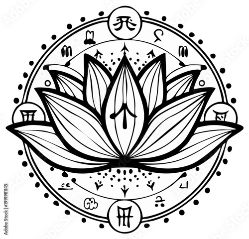 Intricate Mandala with Lotus Flower and Symbolic Characters in Circular Design