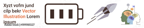 Energy storage, innovation, neuroscience, progress, creativity, technology. Battery icon, rocket launching brain with neural connections. Energy storage and innovation technology and creativity