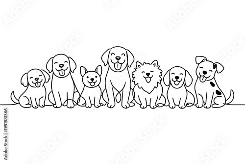 Continuous line drawing of a group of happy dogs sitting in a row. Minimalist vector illustration of various dog breeds with smiling faces. Perfect for pet care, veterinary, and animal lovers.