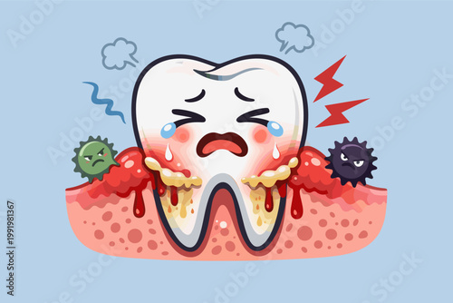 Adorable Cartoon Tooth Illustration with Swollen Bleeding Gums and Periodontal Disease Symptoms, Featuring Angry Bacteria and Plaque Buildup for Dental Health Education and Oral Hygiene Awareness