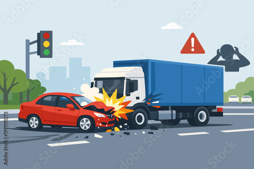 Vector illustration of a car accident between a red sedan and a blue truck at a city intersection with traffic lights, smoke, and debris. Road safety, insurance, and emergency concept art.