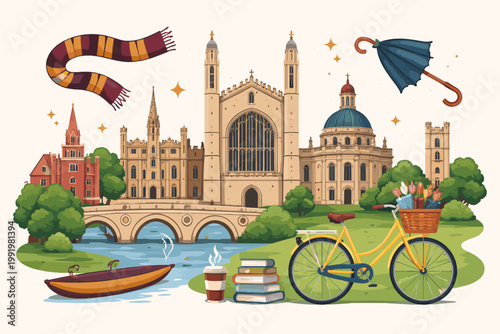 Cambridge University Landmarks Vector Illustration with King's College Chapel, Stone Bridge, River Punt, Bicycle, Academic Books, and Scarf in a Flat Whimsical Style for Travel and Education