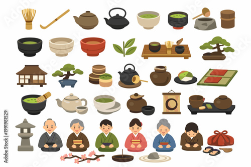 Japanese Tea Ceremony Icon Set with Matcha Whisks, Teapots, Chawan Bowls, Green Tea Leaves, Bonsai Trees, People in Kimono, Zen Garden, and Traditional Culture Elements in Flat Vector Style.