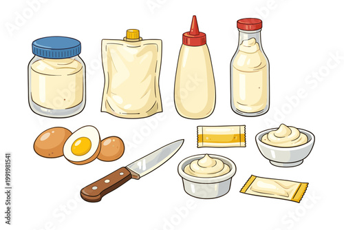 Collection of mayonnaise sauce packaging designs featuring glass jars, plastic squeeze bottles, flexible pouches, individual packets, and bowls, accompanied by whole and sliced eggs and a knife.