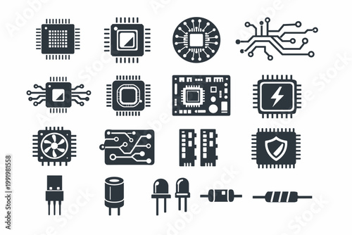 Microchip and Electronic Components Vector Icon Set Featuring CPU, Circuit Board, Processor, RAM, Resistor, Capacitor, LED, and Cooling Fan Symbols for Computer Hardware and Technology Design