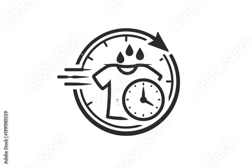 Quick Dry Icon Symbol for Fast Drying Fabric and Laundry Services, Vector Illustration of a T-shirt with Clock and Water Droplets Representing Rapid Moisture Wicking and Efficient Drying Time Badge