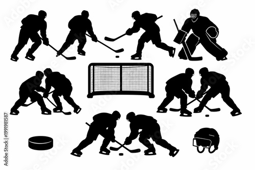 Ice Hockey Silhouette Collection Featuring Players in Action, Goalkeeper, Goal Net, Puck, Helmet, and Face-off Duel Scenes. Professional Vector Graphics for Sports Design and Team Competition.
