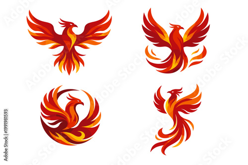 Set of four stylized phoenix bird logos in vibrant red and orange gradients. Mythical fire birds ideal for branding, tattoo designs, and graphic art, symbolizing rebirth, power, and immortality.