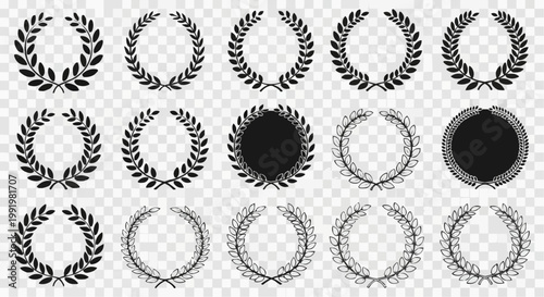 Circular foliate laurels branches icons set. Laurel wreath vectors isolated on transparent background. Silhouette vintage collection. Heraldic trophy crest Greek olive branch award winner round emblem