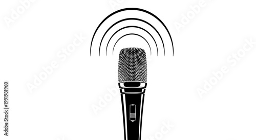A minimalist vector graphic of a microphone with sound waves emanating from it