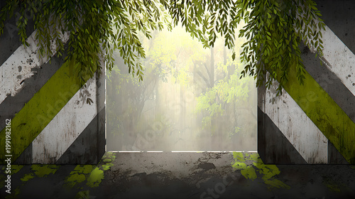 normalizing. Nature and technology concept with organic plant patterns merging with geometric green and silver shapes. product launch decks.