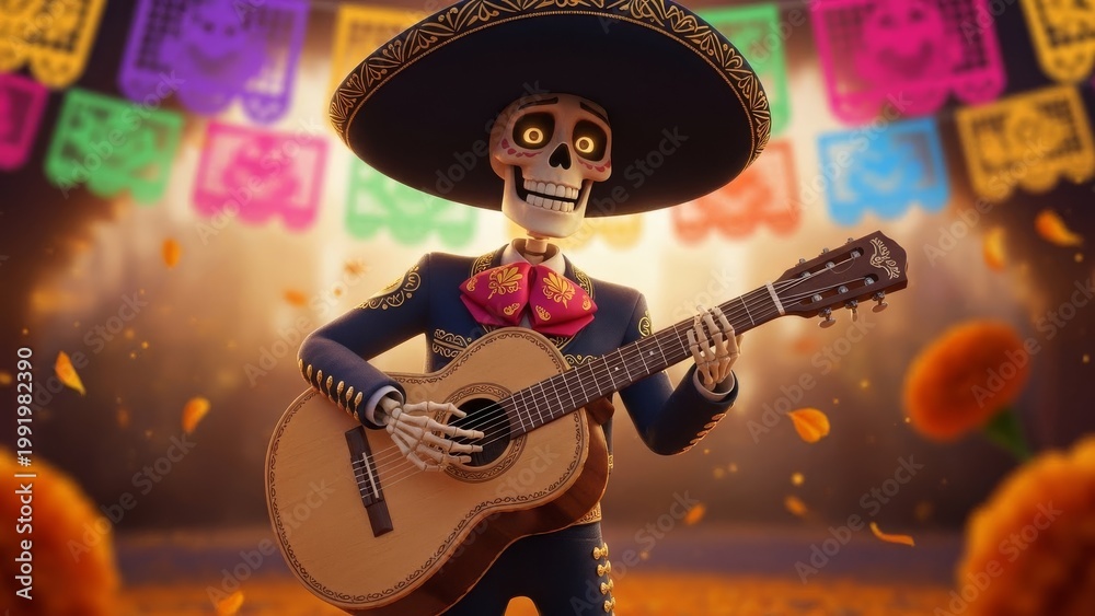 Obraz premium Animated skeleton mariachi musician with guitar plays festive music surrounded by marigold petals and papel picado banners