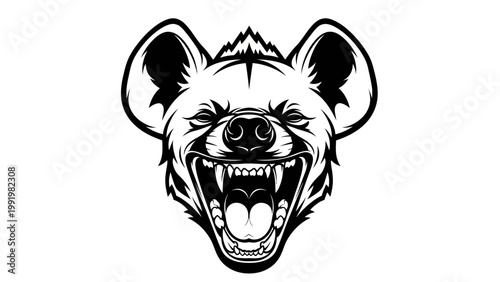 Aggressive Hyena Head Illustration, Fierce Wild Animal Portrait, Open Mouth, Sharp Teeth