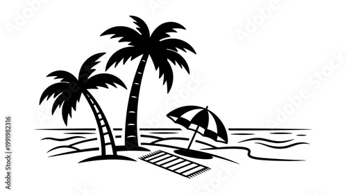 Tropical Beach Paradise: Palm Trees, Umbrella, and Towel on Sandy Shore