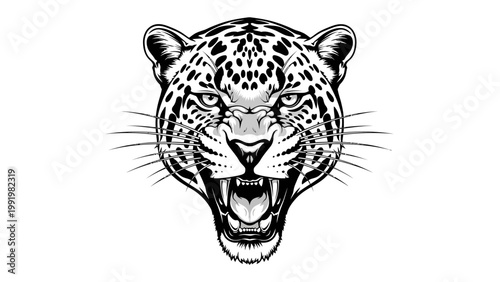 Fierce Leopard Roaring Aggressively, Close-Up Portrait, Black and White