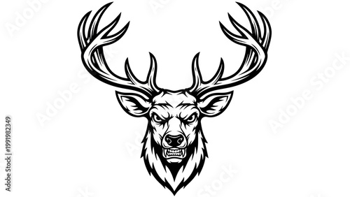Aggressive Deer Head Emblem, Wild Animal Mascot, Hunting Trophy, Black and White Vector Art