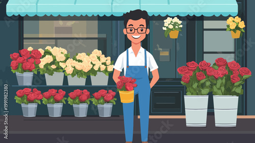 A smiling florist stands in front of his shop filled with vibrant red, white, and yellow roses