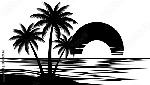 Tropical Sunset Beach with Palm Trees Silhouette and Ocean Reflection