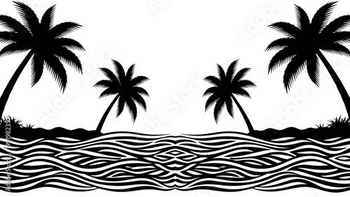 Tropical Beach Paradise: Black and White Palm Trees Silhouette Over Wavy Ocean Water