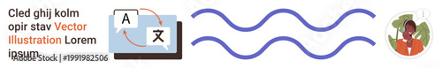 Language learning, communication, translation services, connection, online courses, globalization. Speech bubbles with language symbols and wavy lines next to a person icon. Language learning