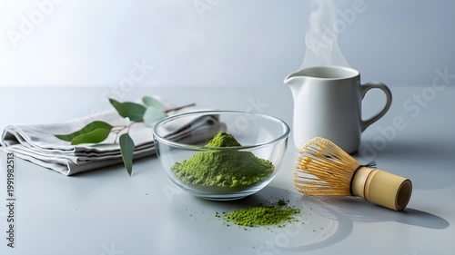 Matcha green tea powder in a glass bowl with a traditional bamboo whisk and a white milk pitcher. Healthy japanese tea ceremony concept for wellness and antioxidant diet