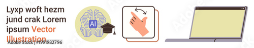 Artificial intelligence, gesture technology, e-learning, virtual interaction, machine learning, and digital tools. Graphic a brain with AI text and a graduating cap, hand gesture, and laptop