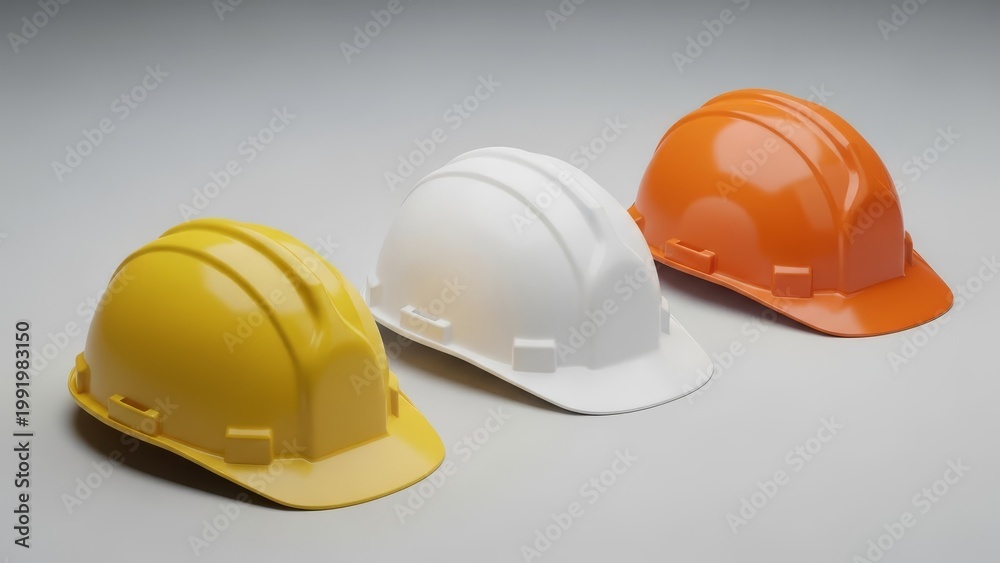 Fototapeta premium Three colorful hard hats displayed on a plain light gray background.