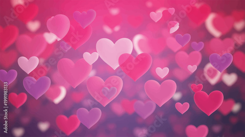A vibrant collection of floating pink, magenta, and purple heart shapes with varying levels of transparency and size, arranged against a soft, blurred, and deep violet gradient background texture