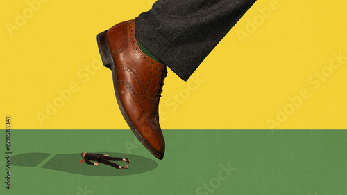 Konstfotografi Giant shoe about to crush tiny businessman lying on ground
