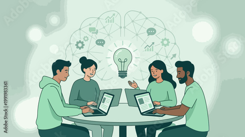 Diverse team brainstorming remote work solutions for burnout in a mint green office illustration.