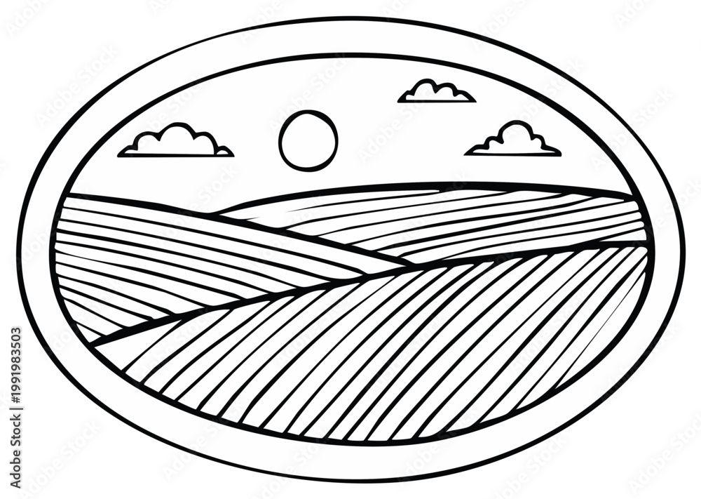 Obraz premium Stylized oval landscape drawing of rolling hills under a sun and clouds