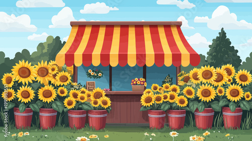 A vibrant illustration showcasing a flower shop with sunflowers under a striped awning, green grass, and sky